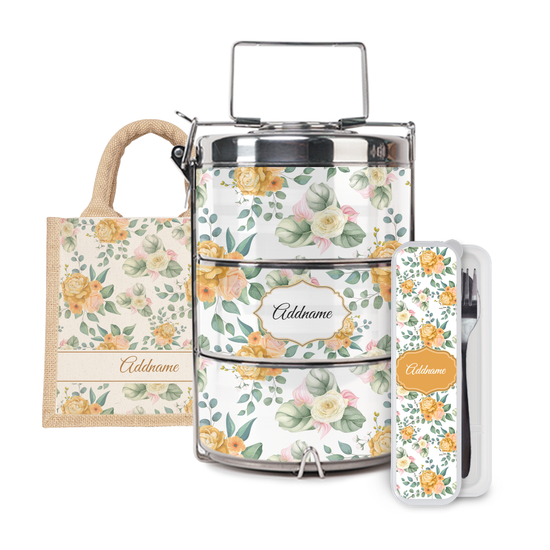 Laura Series - Honey Half Lining Lunch Bag, Tiffin Carrier and Cutlery Set