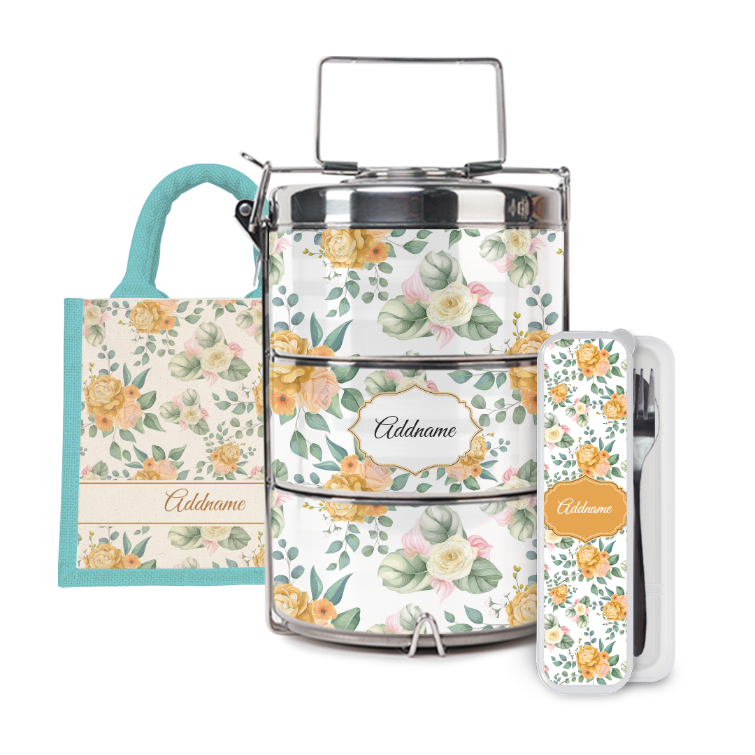 Laura Series - Honey Half Lining Lunch Bag, Tiffin Carrier and Cutlery Set