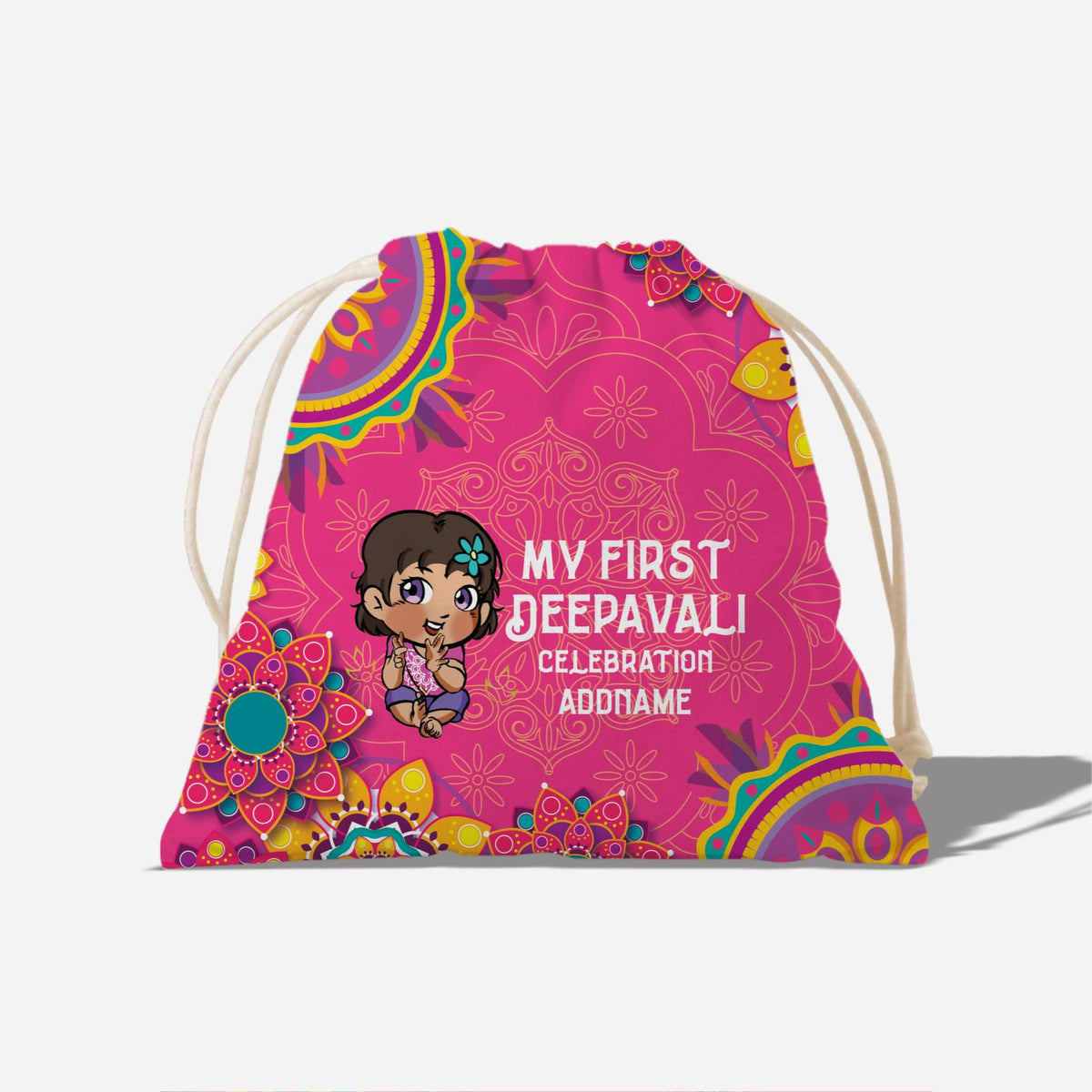 Deepavali Chibi Full Print Satchel - Baby Girl First Deepavali Addname