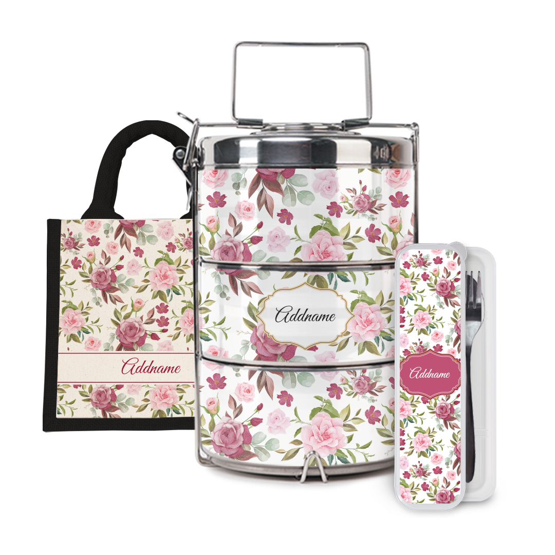Laura Series - Ruby Half Lining Lunch Bag, Tiffin Carrier and Cutlery Set