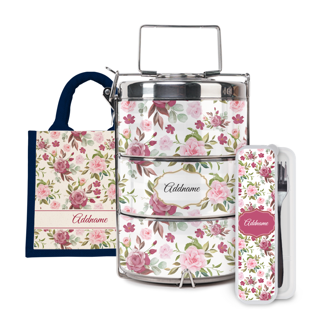 Laura Series - Ruby Half Lining Lunch Bag, Tiffin Carrier and Cutlery Set