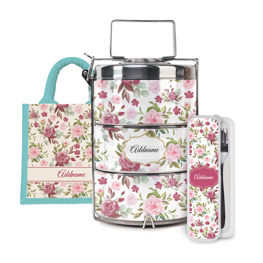 Laura Series - Ruby Half Lining Lunch Bag, Tiffin Carrier and Cutlery Set