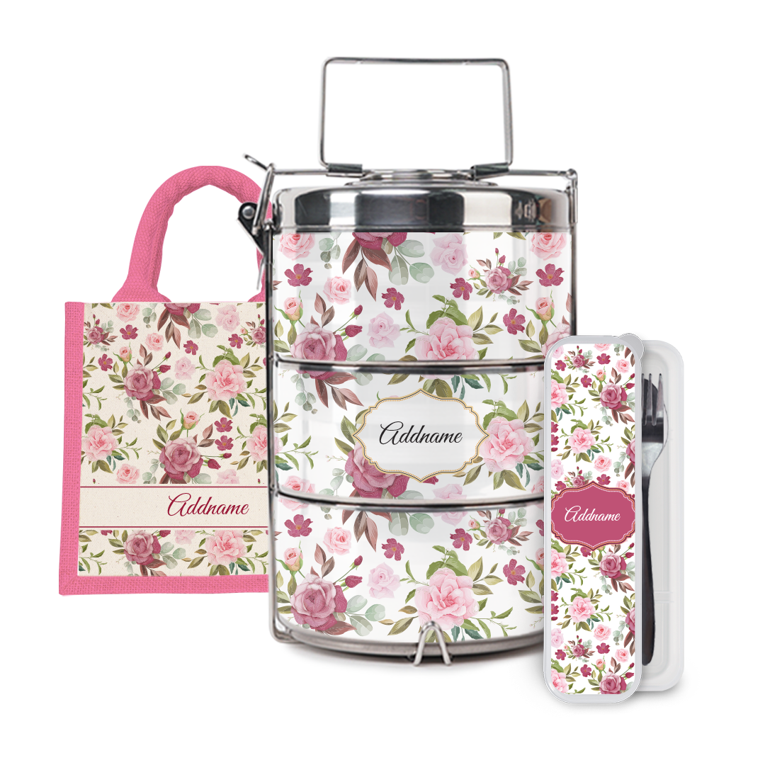 Laura Series - Ruby Half Lining Lunch Bag, Tiffin Carrier and Cutlery Set
