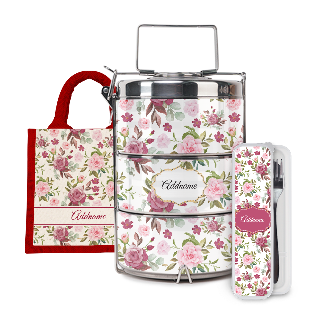 Laura Series - Ruby Half Lining Lunch Bag, Tiffin Carrier and Cutlery Set