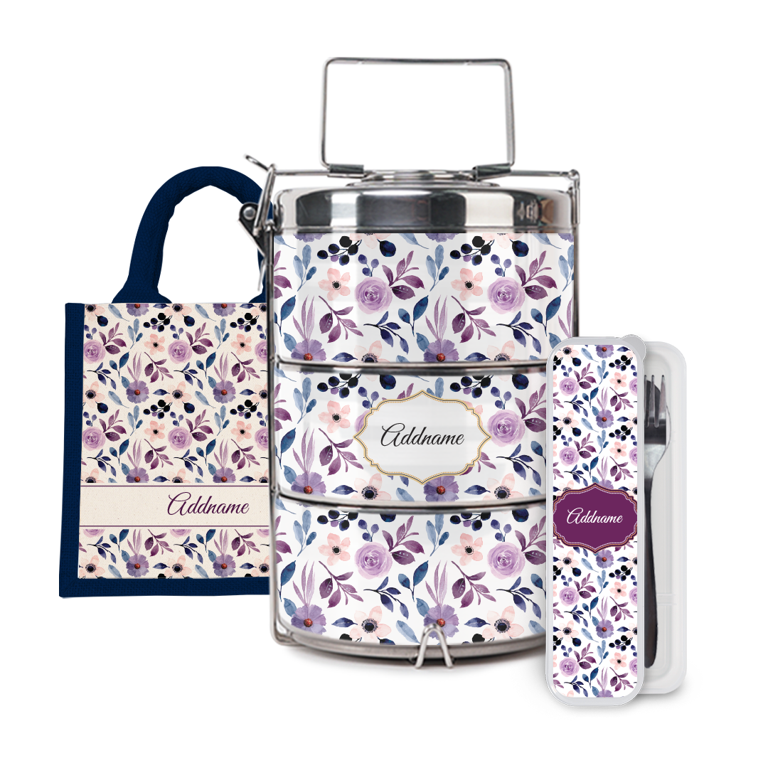 Laura Series - Violet Half Lining Lunch Bag, Tiffin Carrier and Cutlery Set