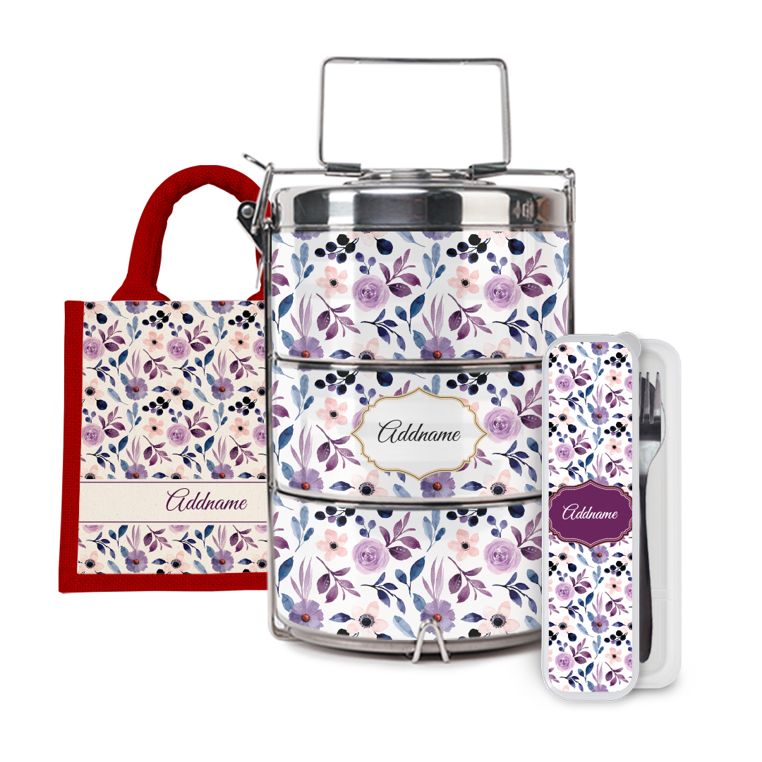 Laura Series - Violet Half Lining Lunch Bag, Tiffin Carrier and Cutlery Set