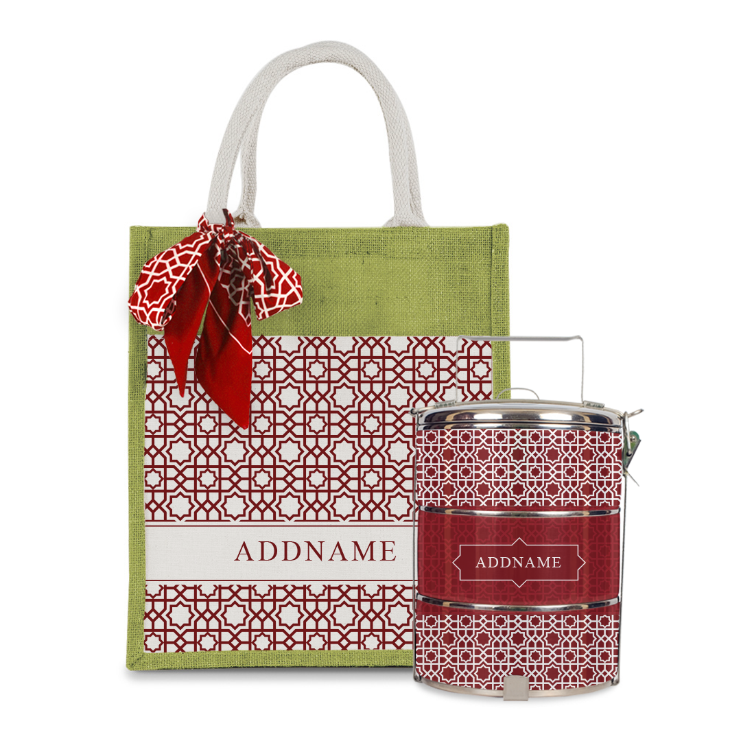 Annas Series - Rouge Colorful Jute Bag with Front Pocket with Tiffin Carrier Set