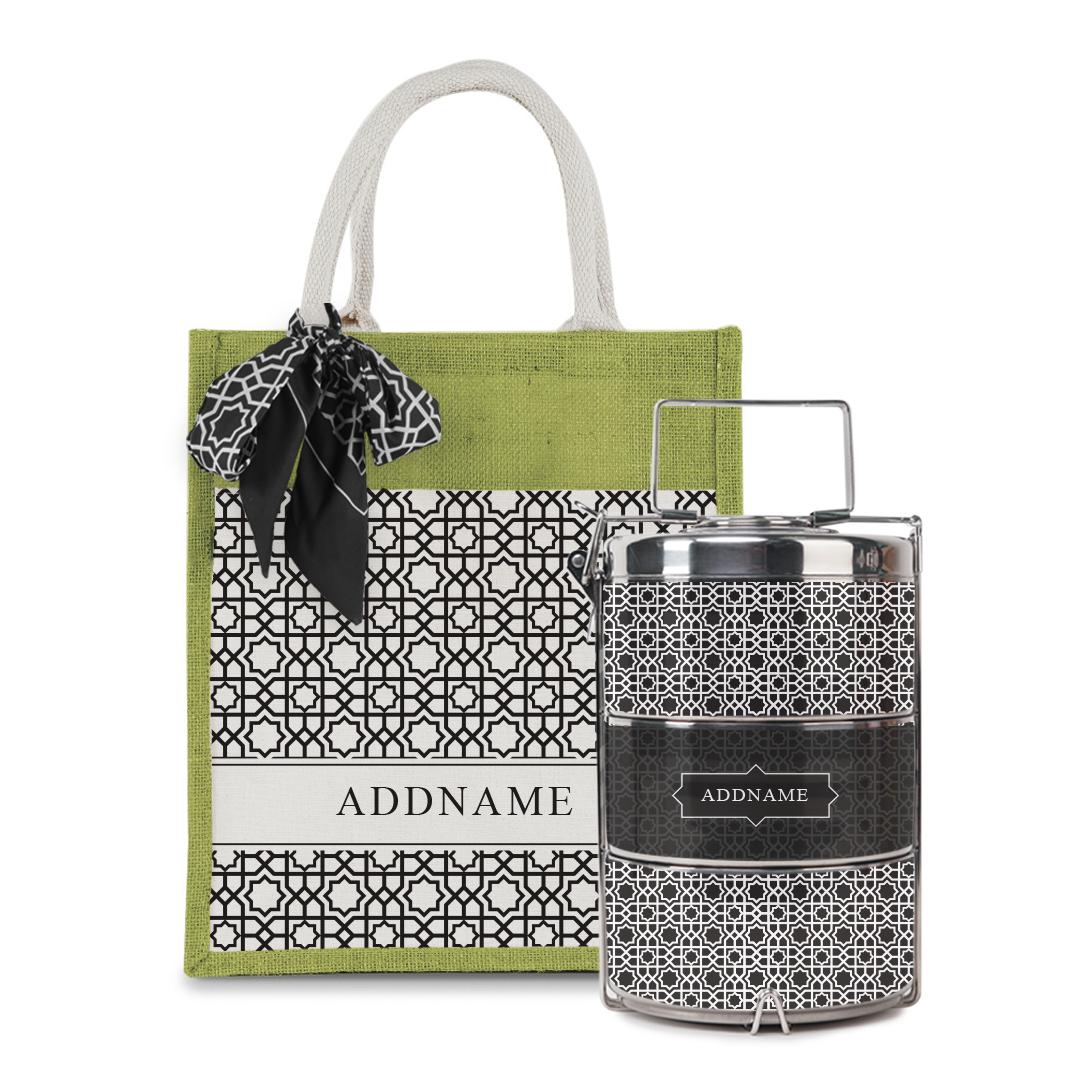 Annas Series - Black Colorful Jute Bag with Front Pocket with Tiffin Carrier Set
