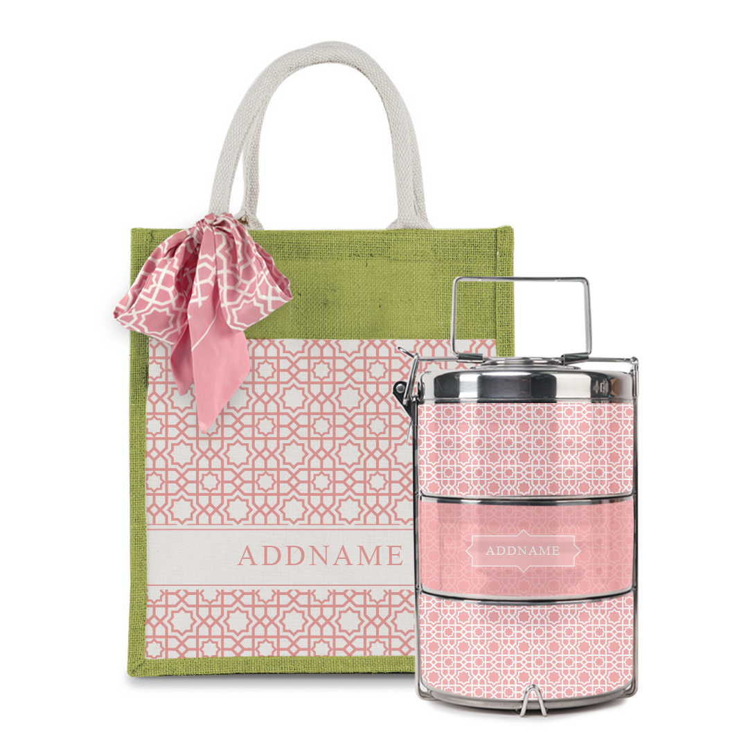 Annas Series - Pastel Peach Colorful Jute Bag with Front Pocket with Tiffin Carrier Set