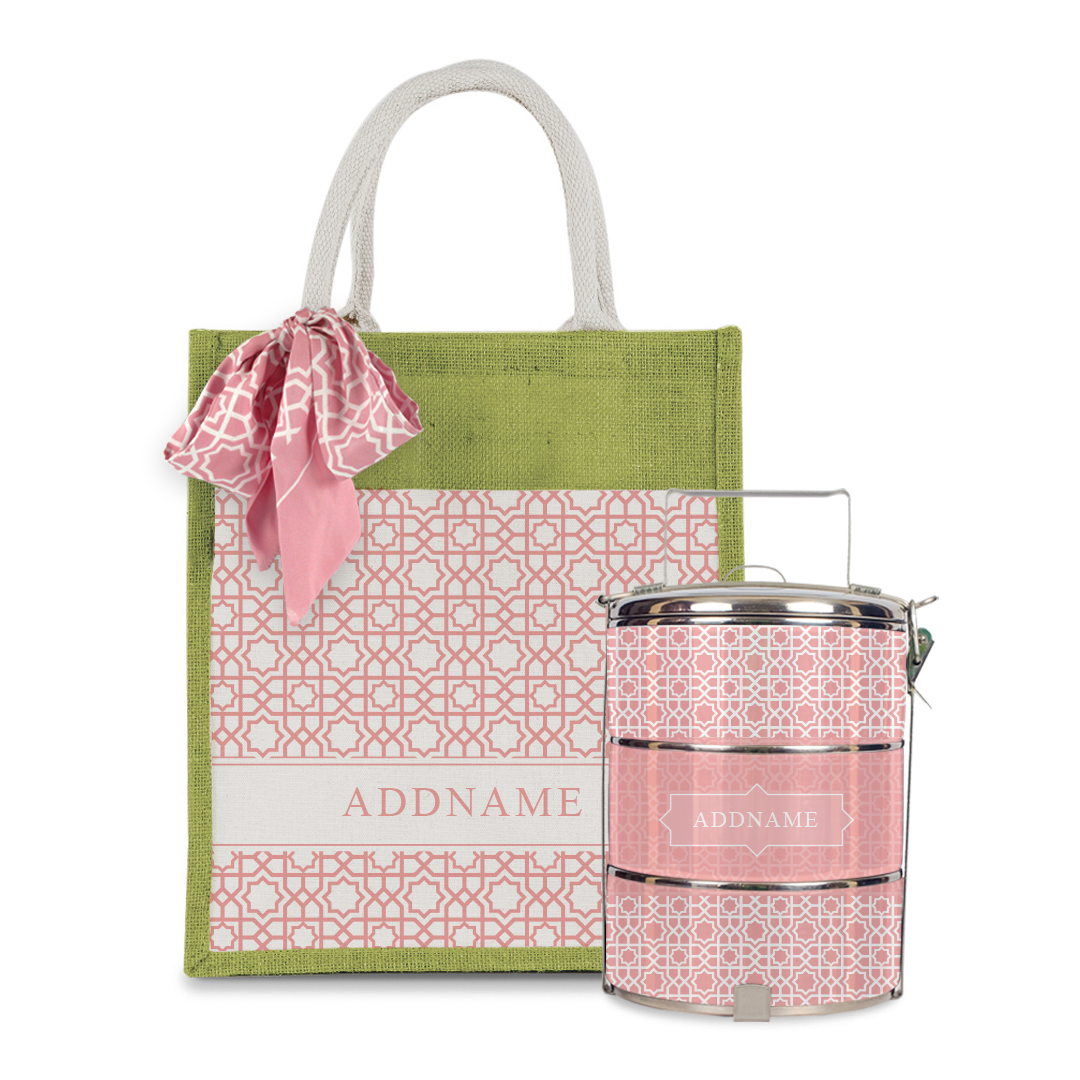 Annas Series - Pastel Peach Colorful Jute Bag with Front Pocket with Tiffin Carrier Set