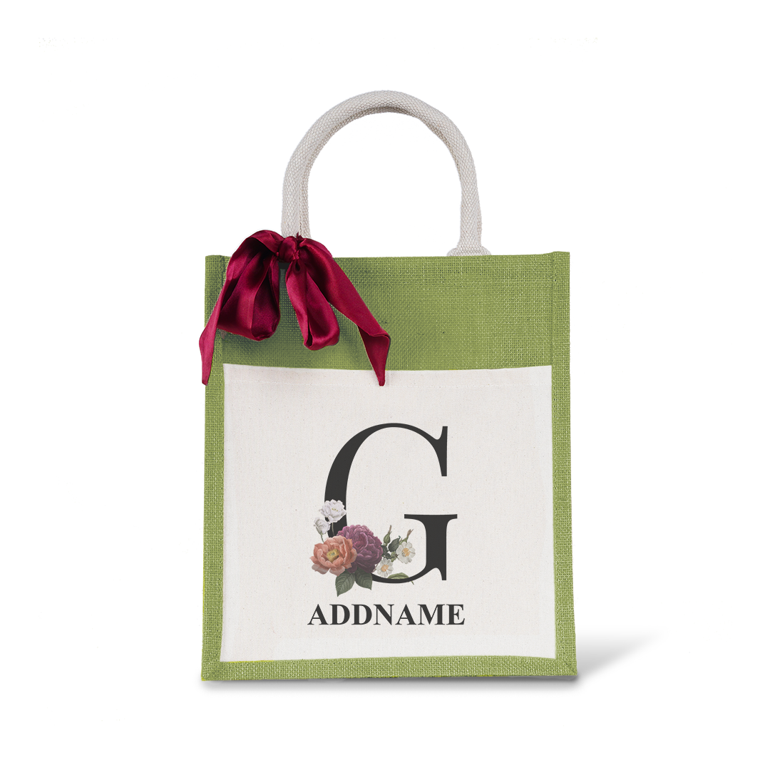 Myra Floral Series Olive Green Colourful Jute Bag With Front Pocket