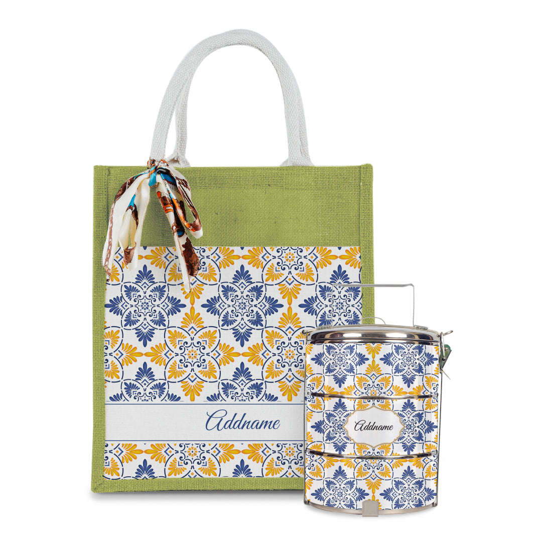 Arabesque Butter Blue Colourful Jute Bag with Tiffin Carrier Set