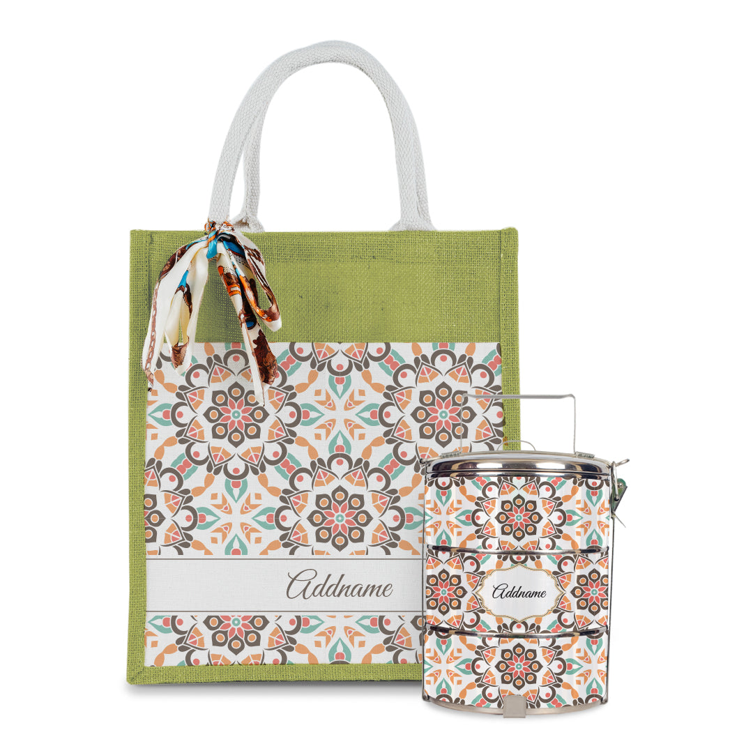 Arabesque Geo Brown Colourful Jute Bag with Tiffin Carrier Set