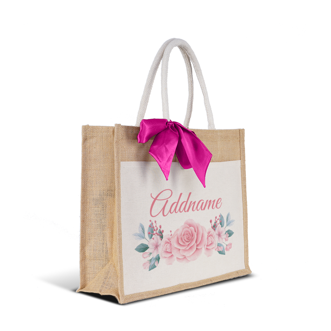 Pink Rose Jute Bag with Front Pocket