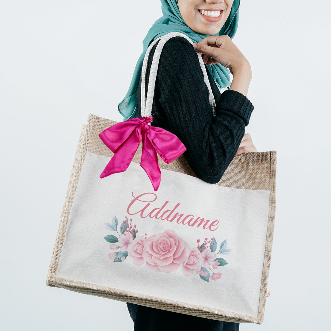 Pink Rose Jute Bag with Front Pocket