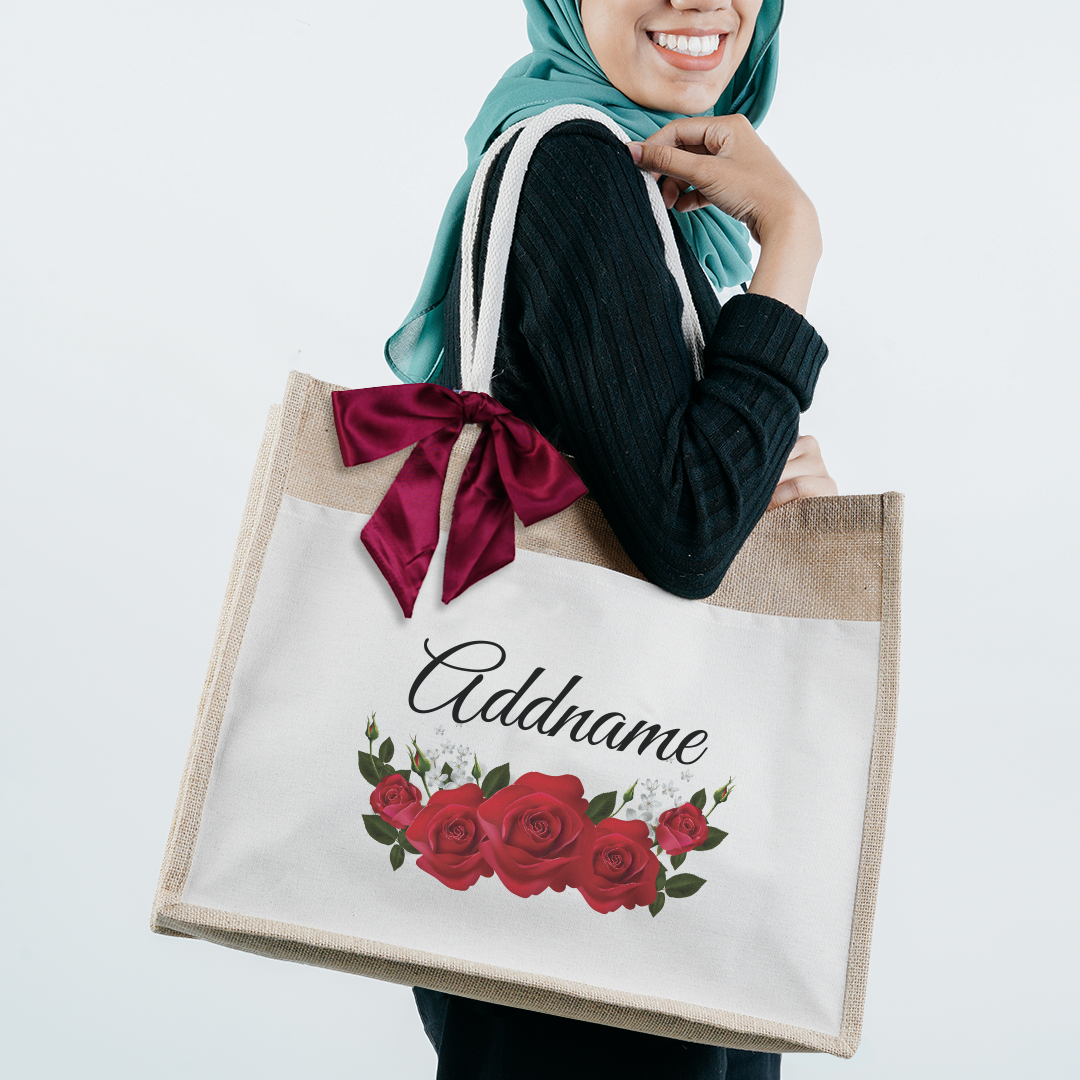 Red Rose Jute Bag with Front Pocket