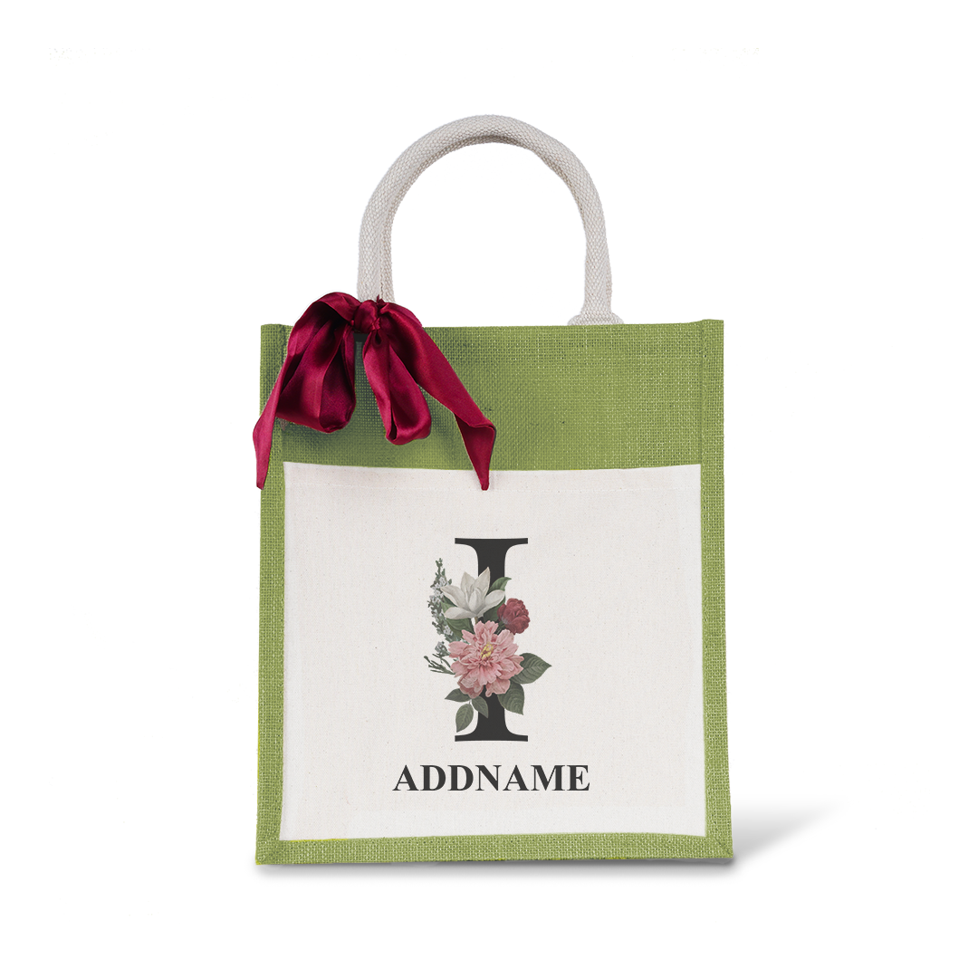 Myra Floral Series Olive Green Colourful Jute Bag With Front Pocket