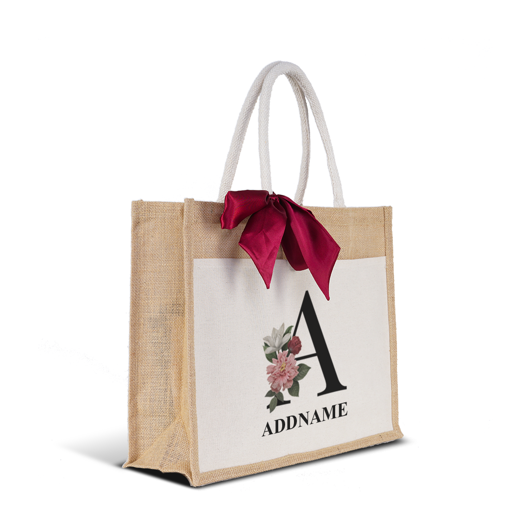 Myra Floral Series Natural Jute Bag with Front Pocket
