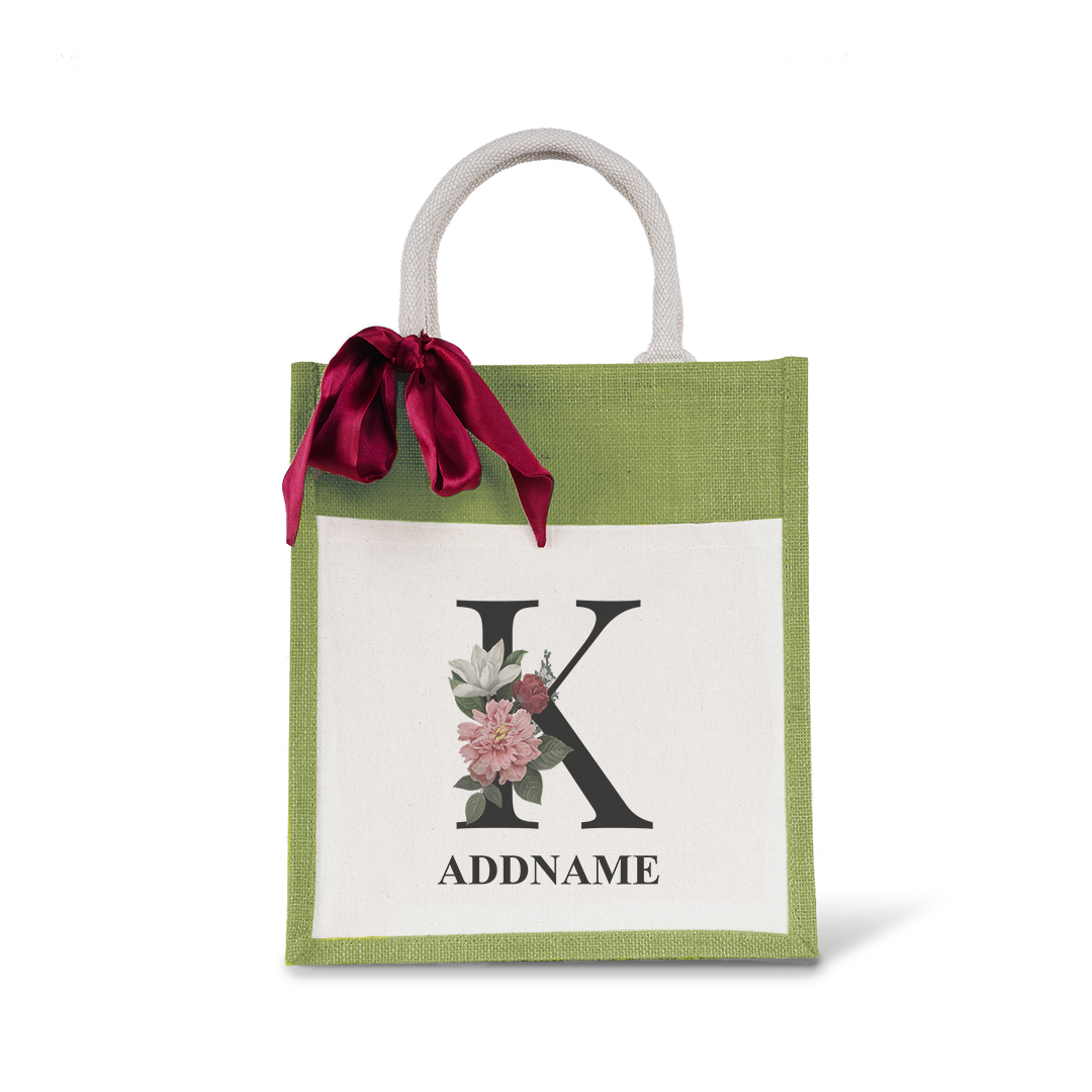 Myra Floral Series Olive Green Colourful Jute Bag With Front Pocket