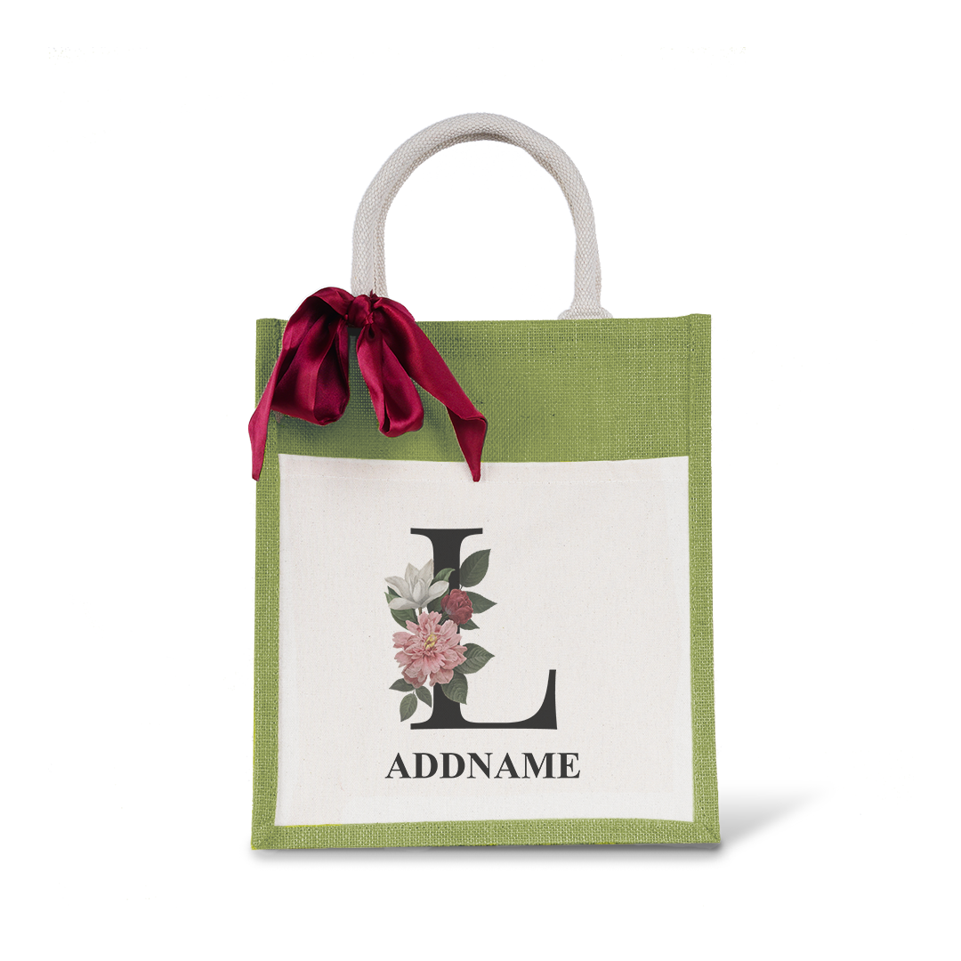 Myra Floral Series Olive Green Colourful Jute Bag With Front Pocket