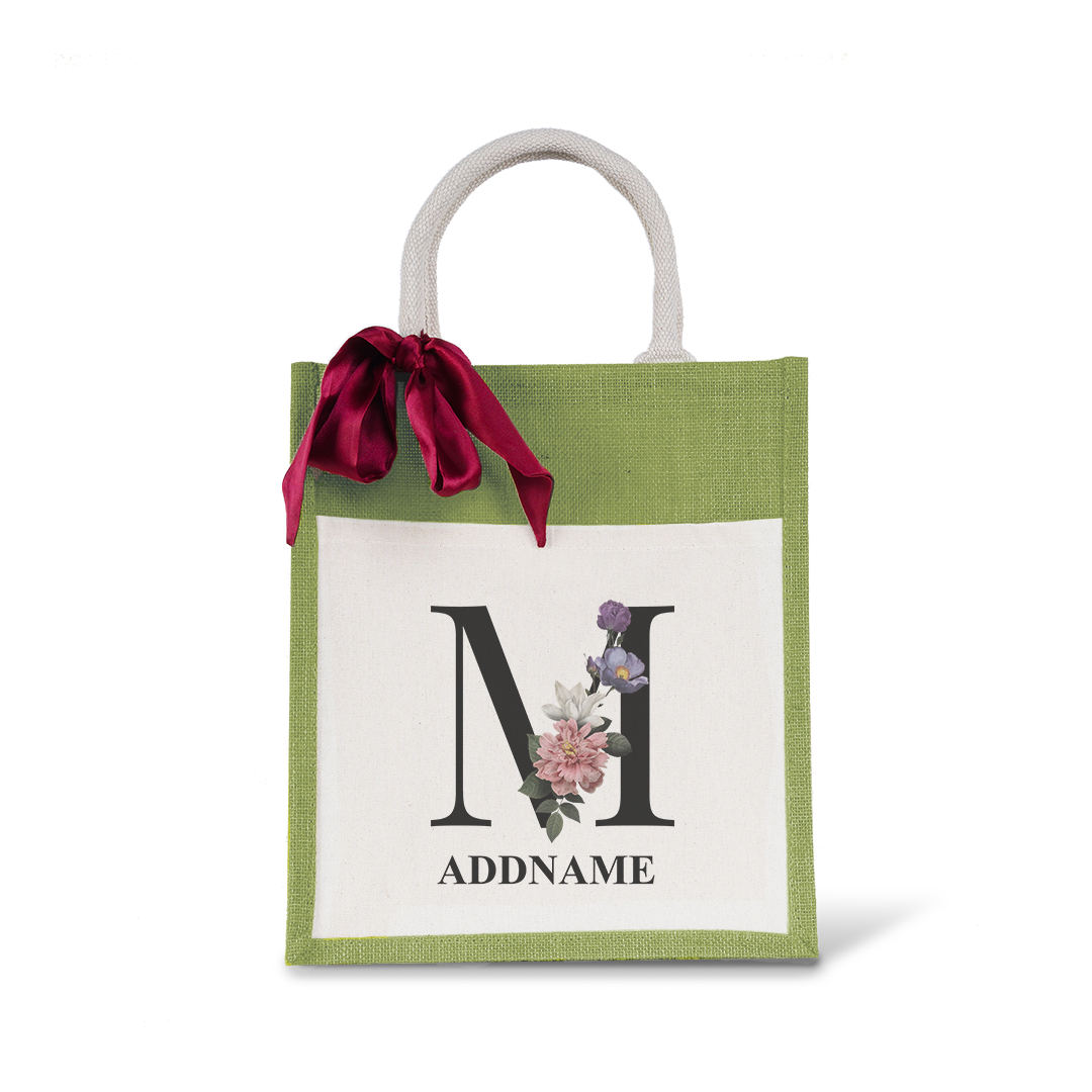 Myra Floral Series Olive Green Colourful Jute Bag With Front Pocket