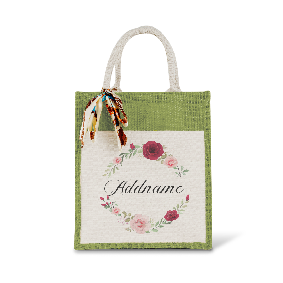 Luxurious Flower Wreath Colourful Jute Bag With Front Pocket