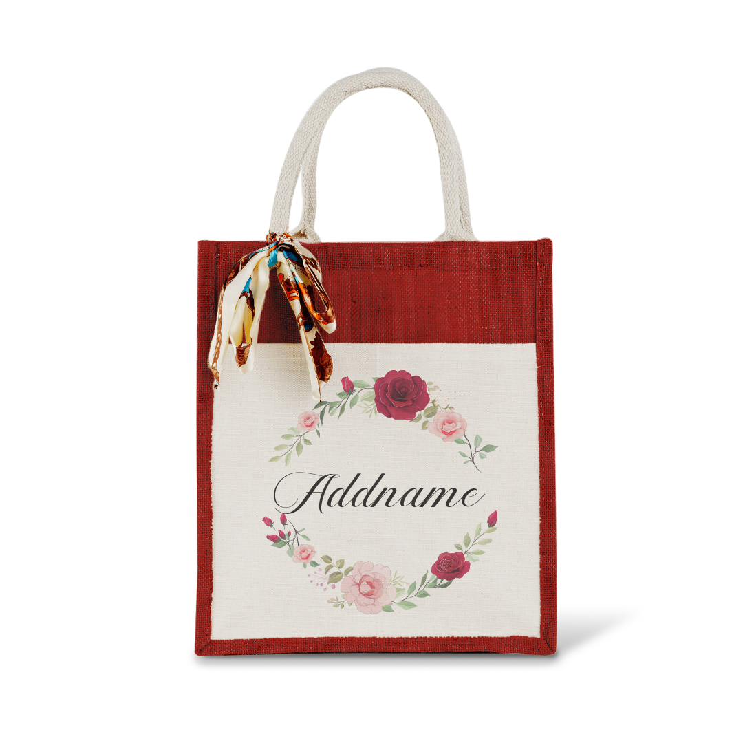 Luxurious Flower Wreath Colourful Jute Bag With Front Pocket
