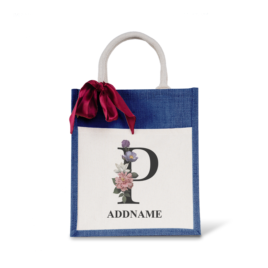 Myra Floral Series Navy Colourful Jute Bag With Front Pocket