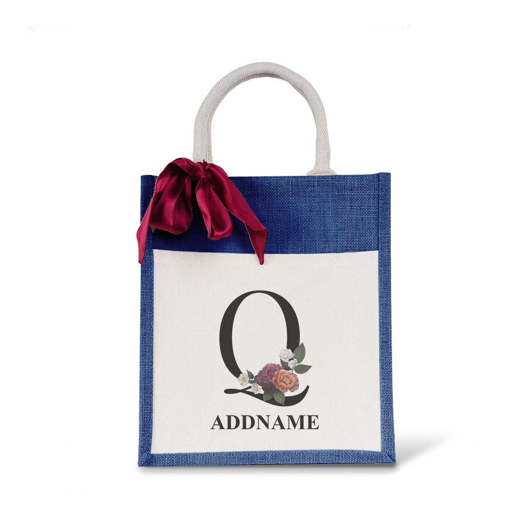 Myra Floral Series Navy Colourful Jute Bag With Front Pocket