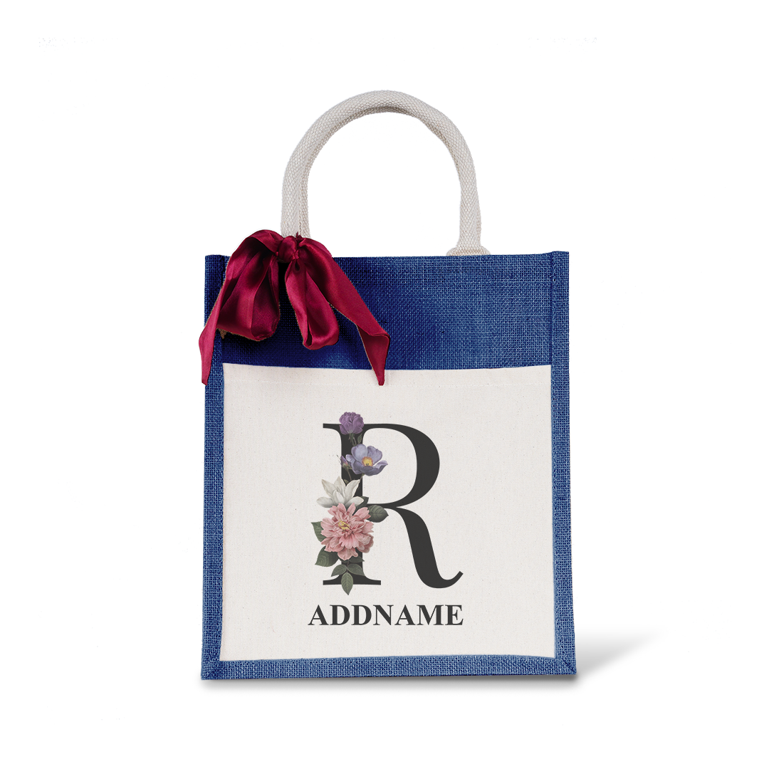 Myra Floral Series Navy Colourful Jute Bag With Front Pocket