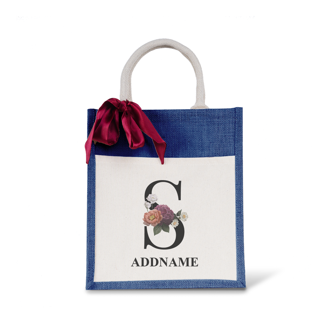 Myra Floral Series Navy Colourful Jute Bag With Front Pocket