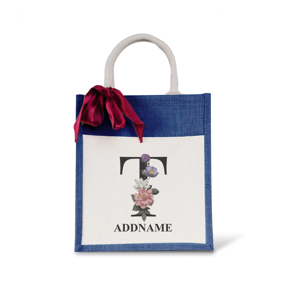 Myra Floral Series Navy Colourful Jute Bag With Front Pocket