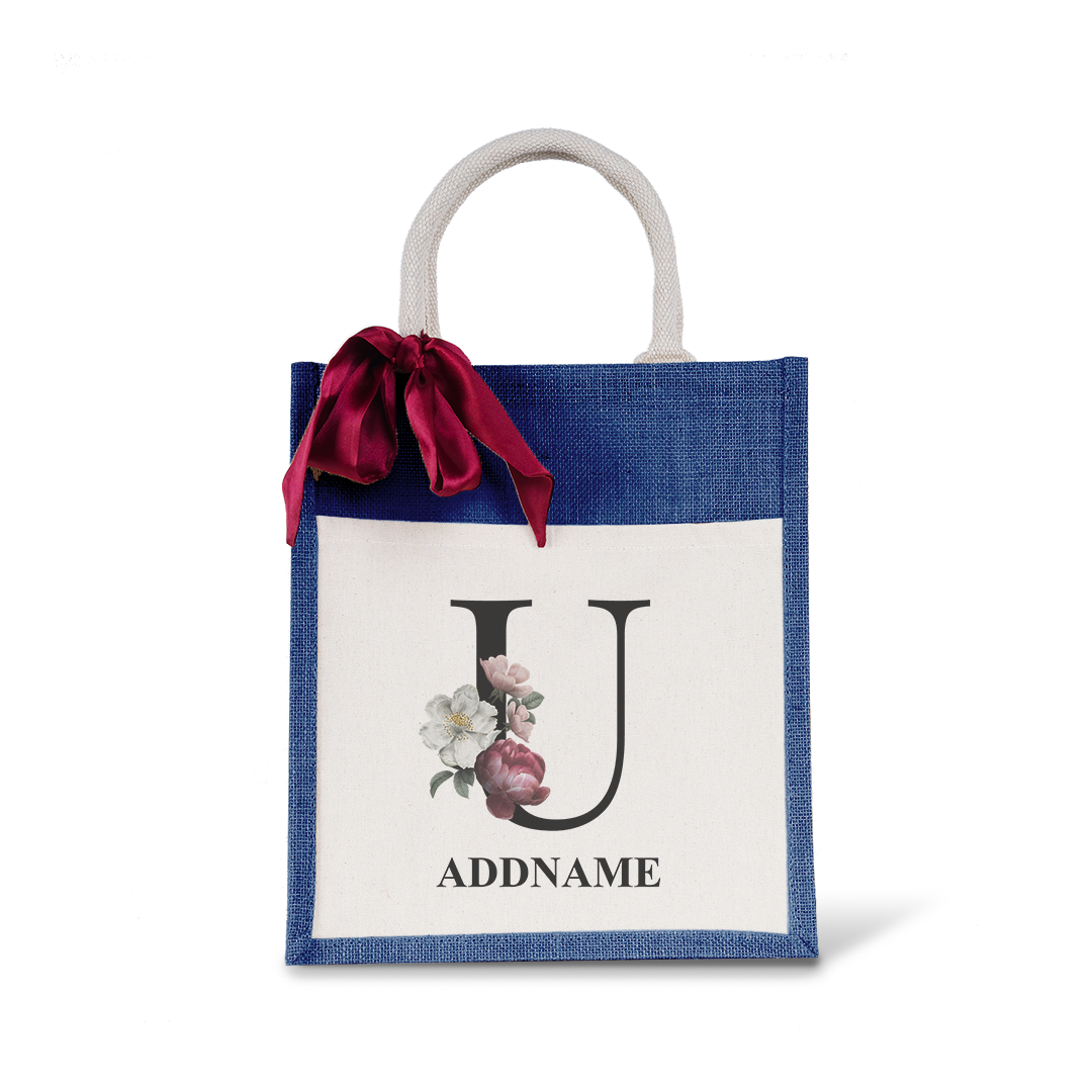 Myra Floral Series Navy Colourful Jute Bag With Front Pocket