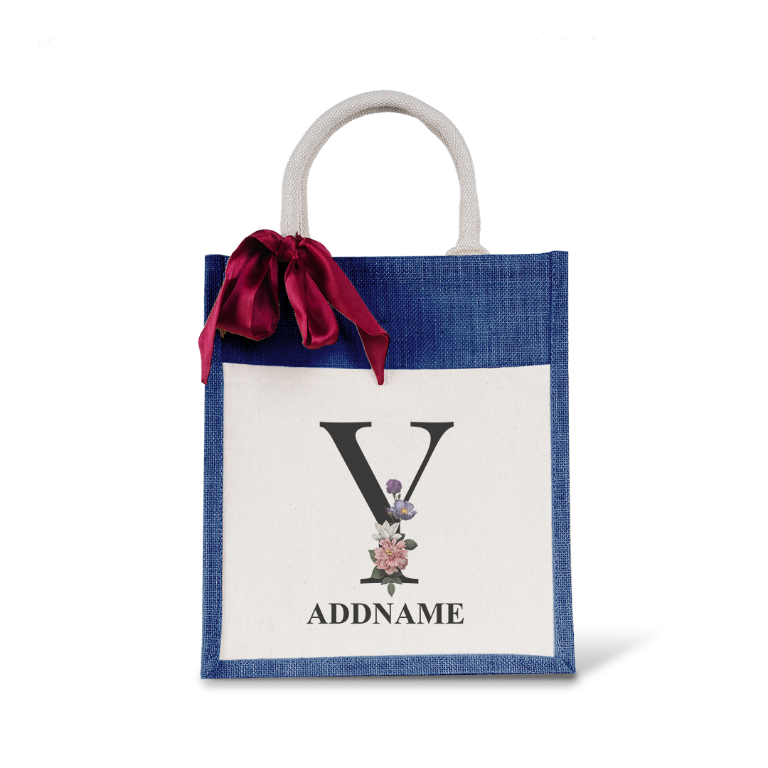 Myra Floral Series Navy Colourful Jute Bag With Front Pocket