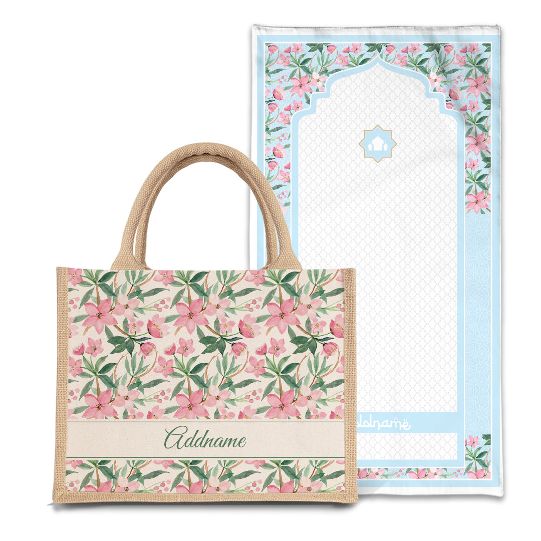 Blossom Sejadah Prayer Mat with Half Lining Small Jute Bag Bundle