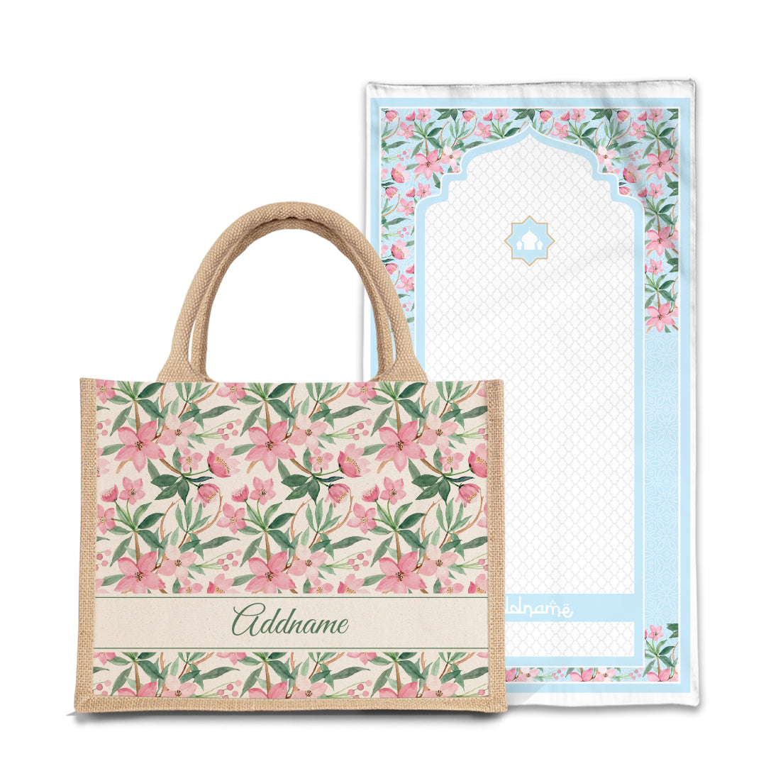 Blossom Sejadah Prayer Mat with Half Lining Small Jute Bag Bundle