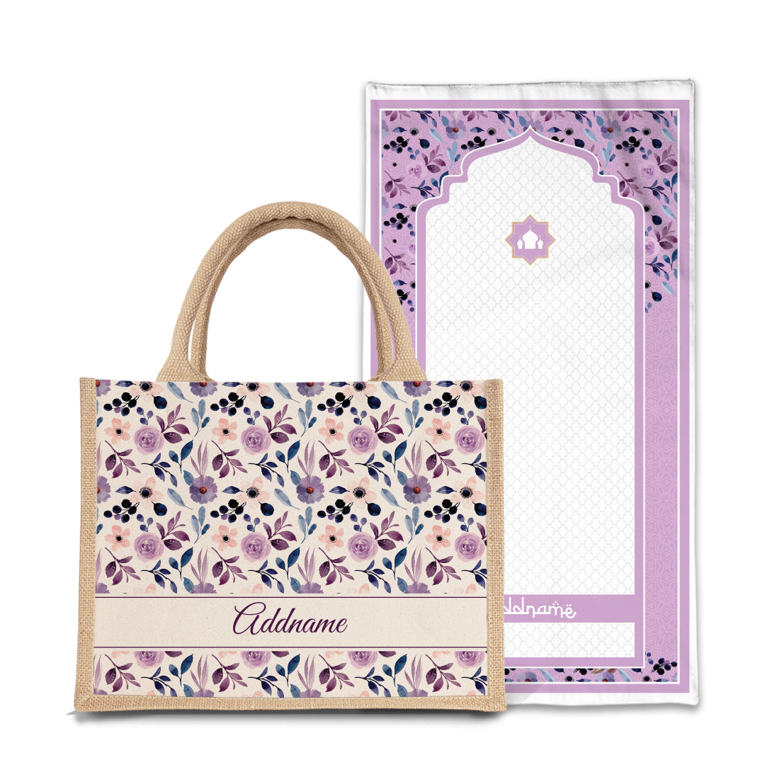 Violet Sejadah Prayer Mat with Half Lining Small Jute Bag Bundle