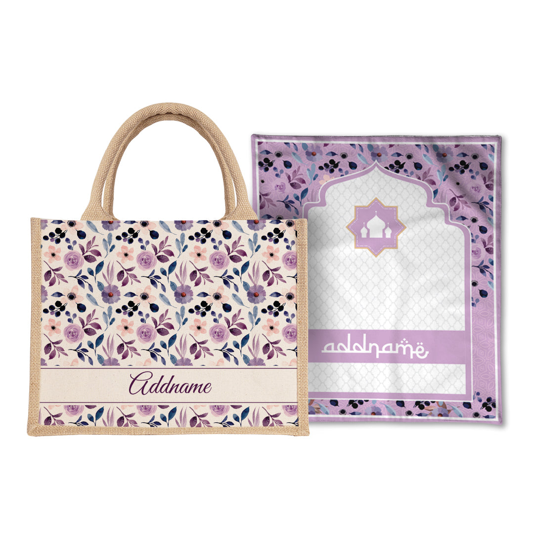 Violet Sejadah Prayer Mat with Half Lining Small Jute Bag Bundle