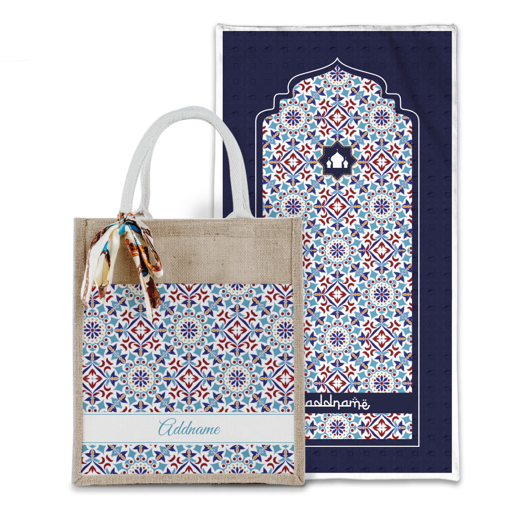 Arabesque Agean Blue Sejadah with Matching Colourful Jute Bag