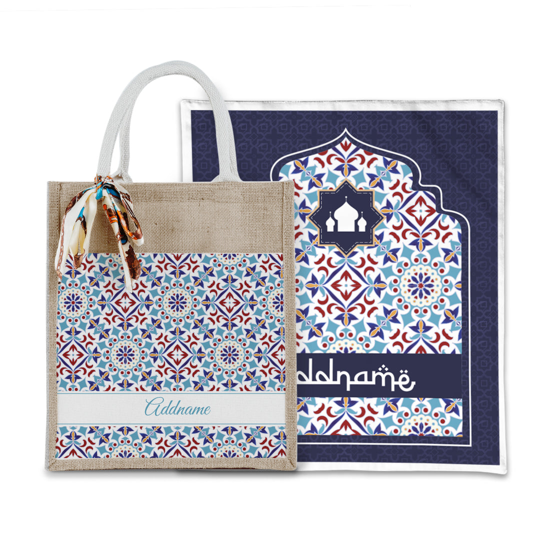 Arabesque Agean Blue Sejadah with Matching Colourful Jute Bag