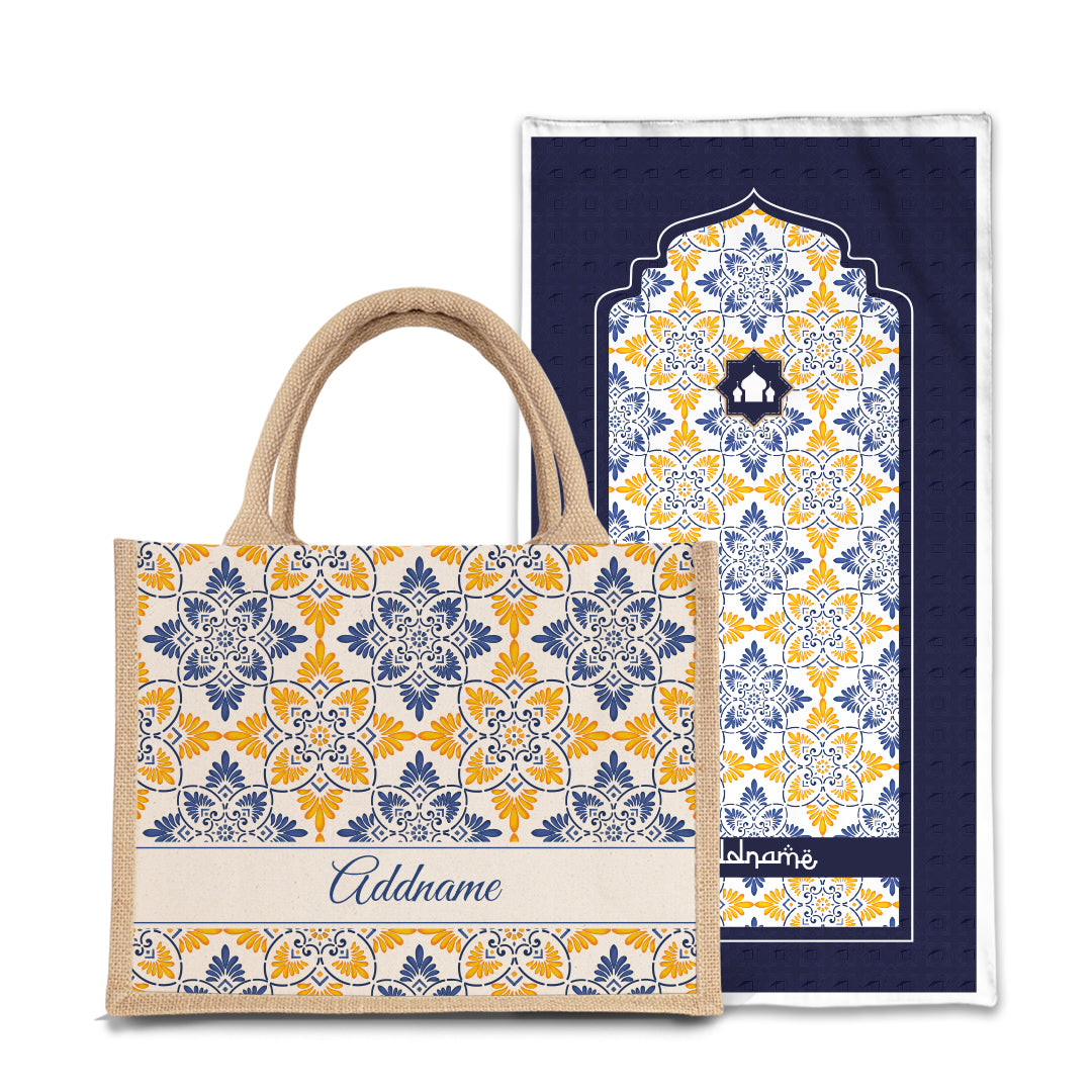 Arabesque Butter Blue Sejadah Prayer Mat with Half Lining Small Jute Bag Bundle