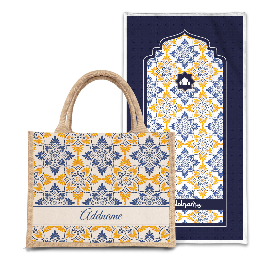 Arabesque Butter Blue Sejadah Prayer Mat with Half Lining Small Jute Bag Bundle