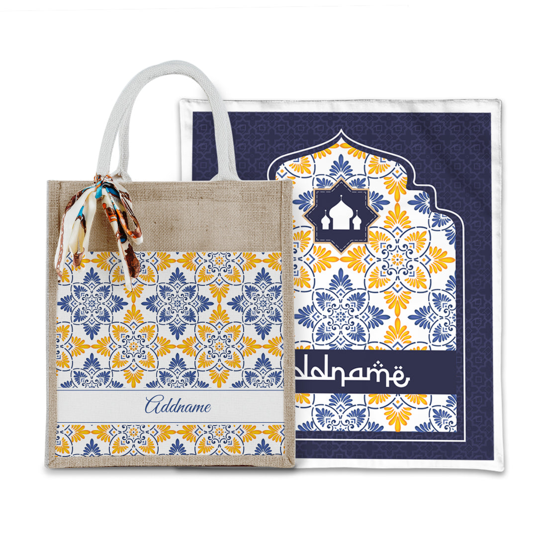 Arabesque Butter Blue Sejadah with Matching Colourful Jute Bag