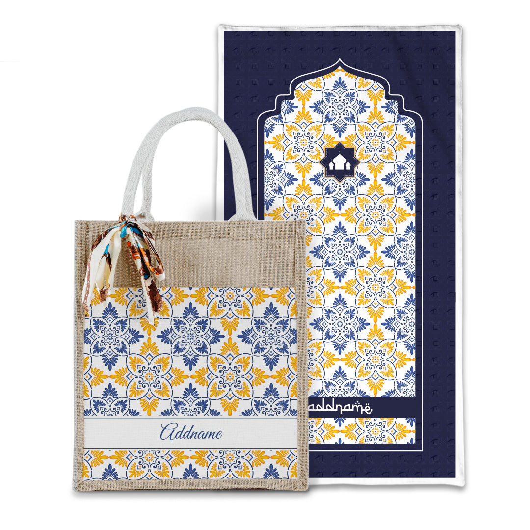 Arabesque Butter Blue Sejadah with Matching Colourful Jute Bag