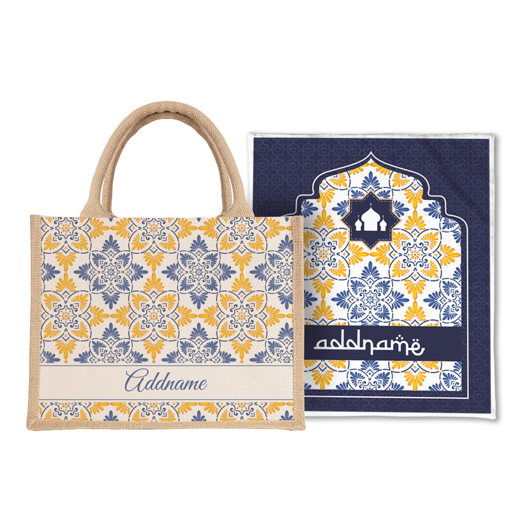 Arabesque Butter Blue Sejadah Prayer Mat with Half Lining Small Jute Bag Bundle