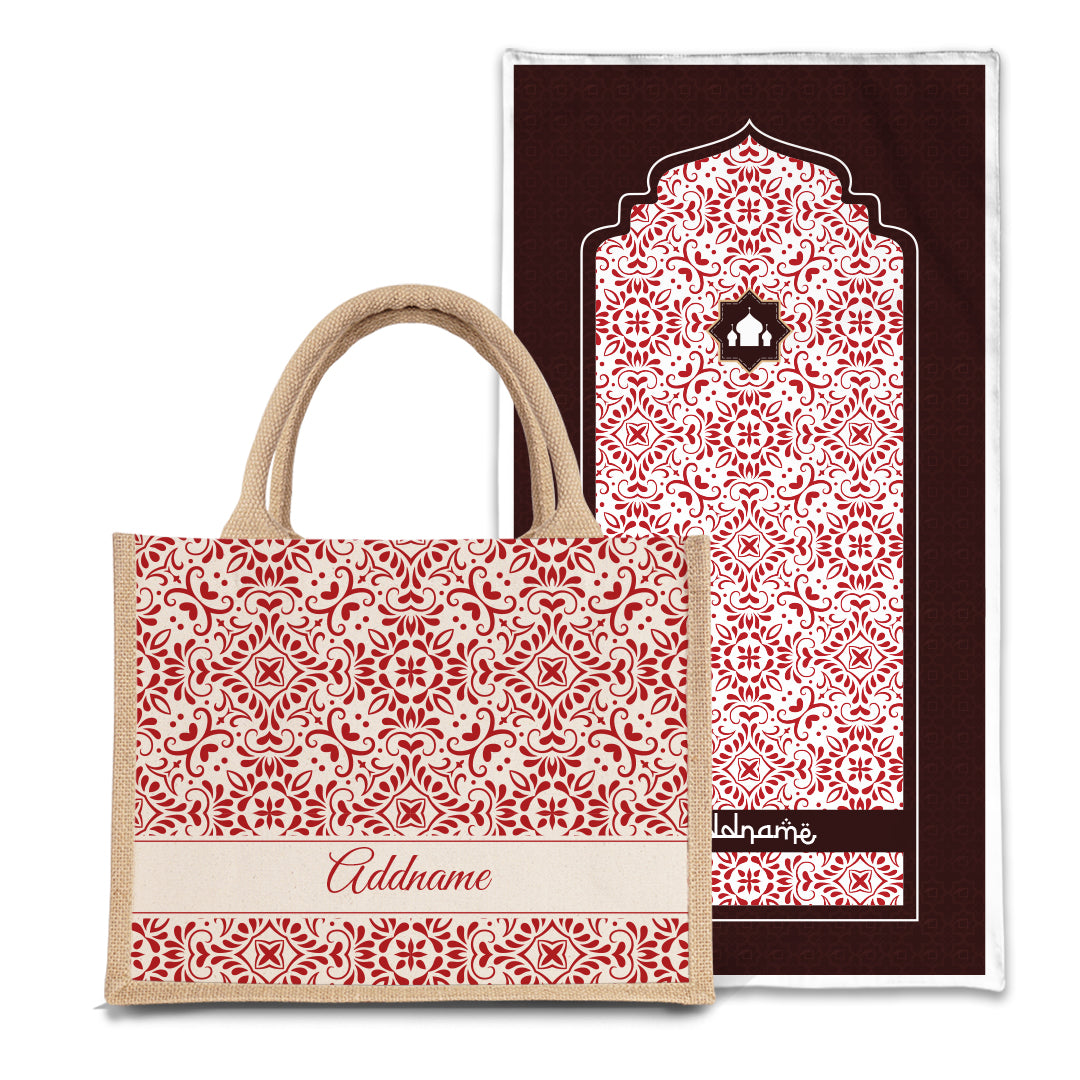 Arabesque Rosette Sejadah Prayer Mat with Half Lining Small Jute Bag Bundle