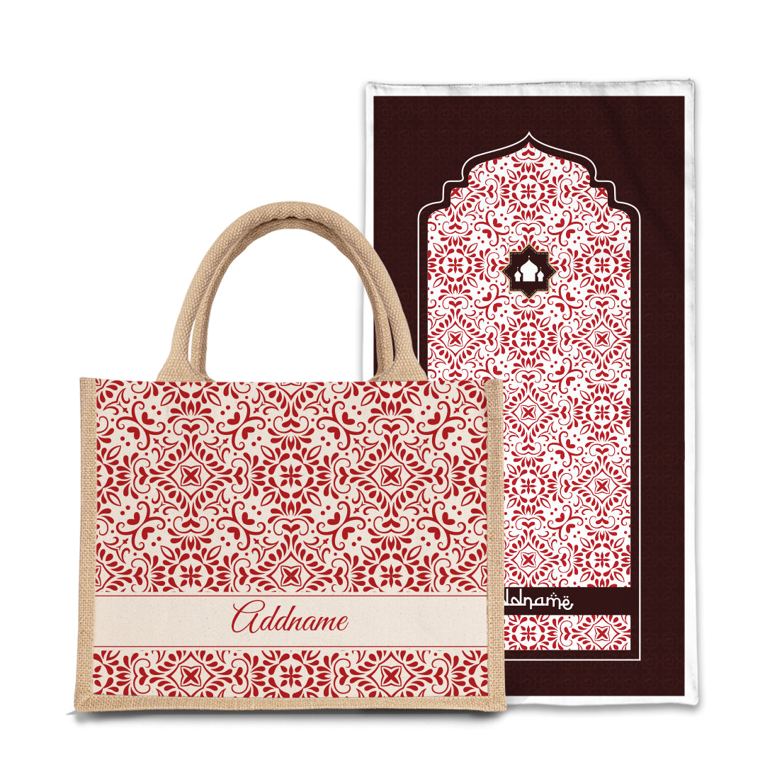 Arabesque Rosette Sejadah Prayer Mat with Half Lining Small Jute Bag Bundle
