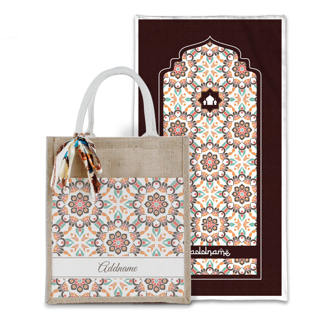 Arabesque Geo Brown Sejadah with Matching Colourful Jute Bag
