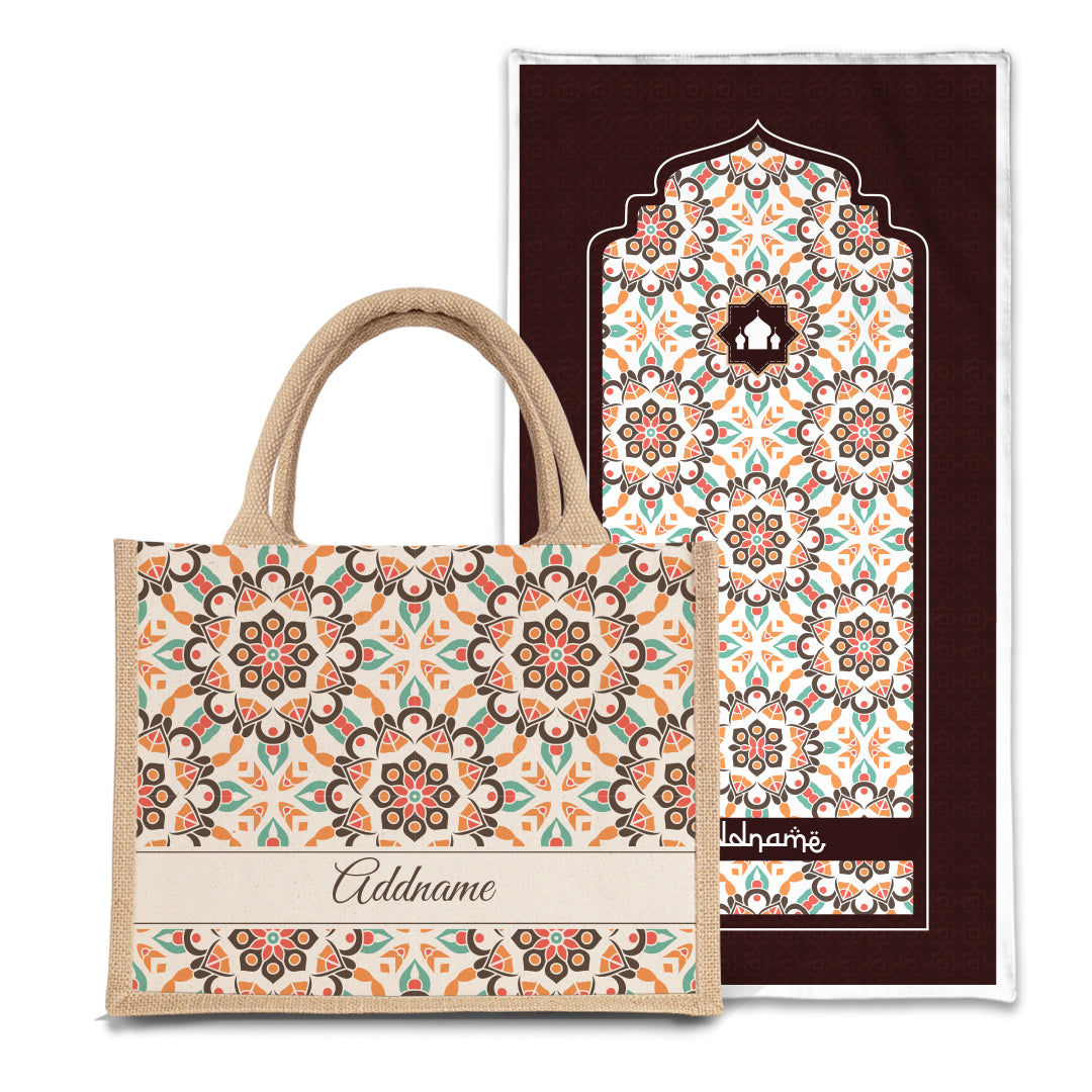 Arabesque Geo Brown Sejadah Prayer Mat with Half Lining Small Jute Bag Bundle