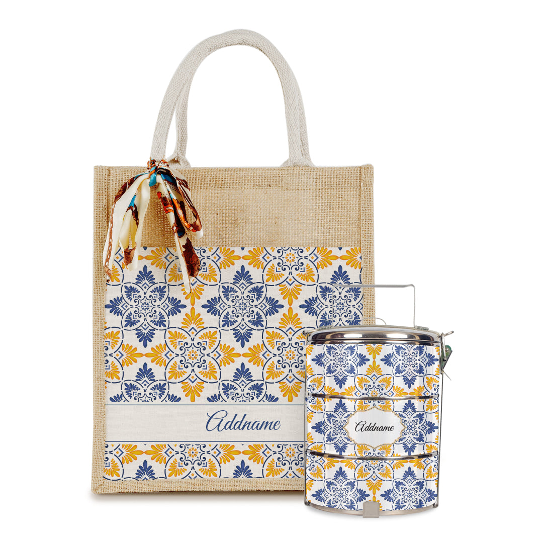 Arabesque Butter Blue Colourful Jute Bag with Tiffin Carrier Set